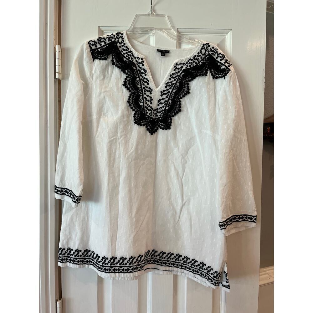 Talbots Embroidered Peasant Boho Cottage Top Women M Minimalist Neutral Aztec - Picture 1 of 8